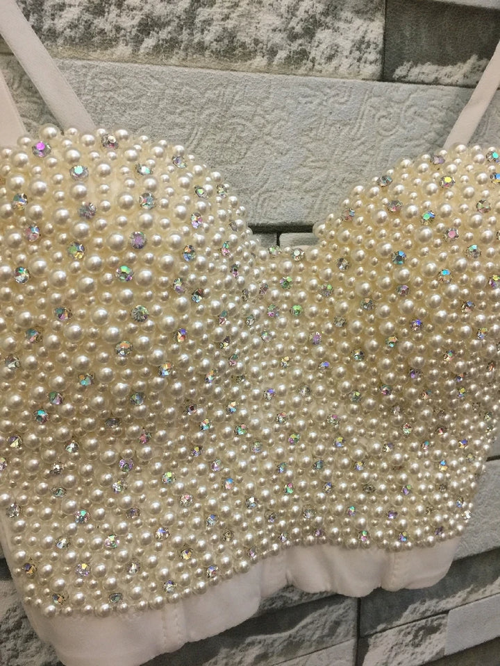 Hand-made Pearls Jewel Corset Bustier Cropped Tops - Divawearfashion