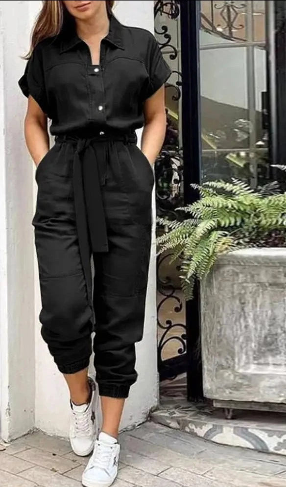 Short Sleeve Belted Casual Jumpsuit - Divawearfashion