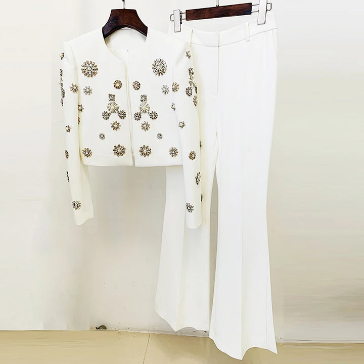 Pearls Diamonds Rhinestone Beaded Trimmed Jacket with Flare Slit Pants Suit - Divawearfashion