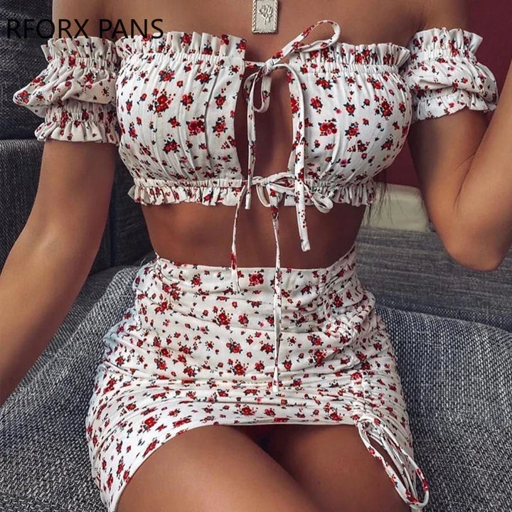 2 PC Tie Front Crop Top & Mini Skirt Set - Divawearfashion