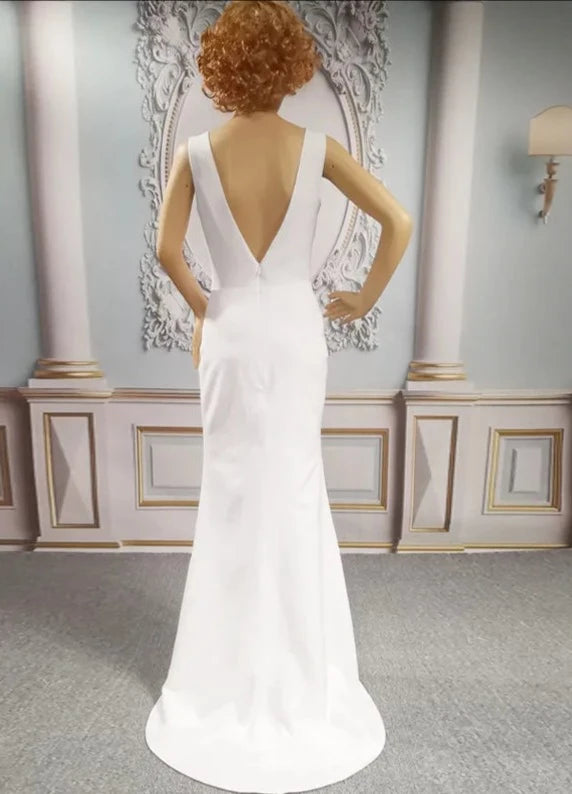 Soft Satin V Back Bohemian Mermaid Wedding Dress - Divawearfashion