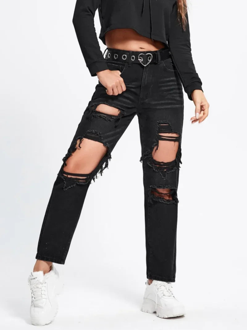 Hole Washing High Waist Jeans - Divawearfashion