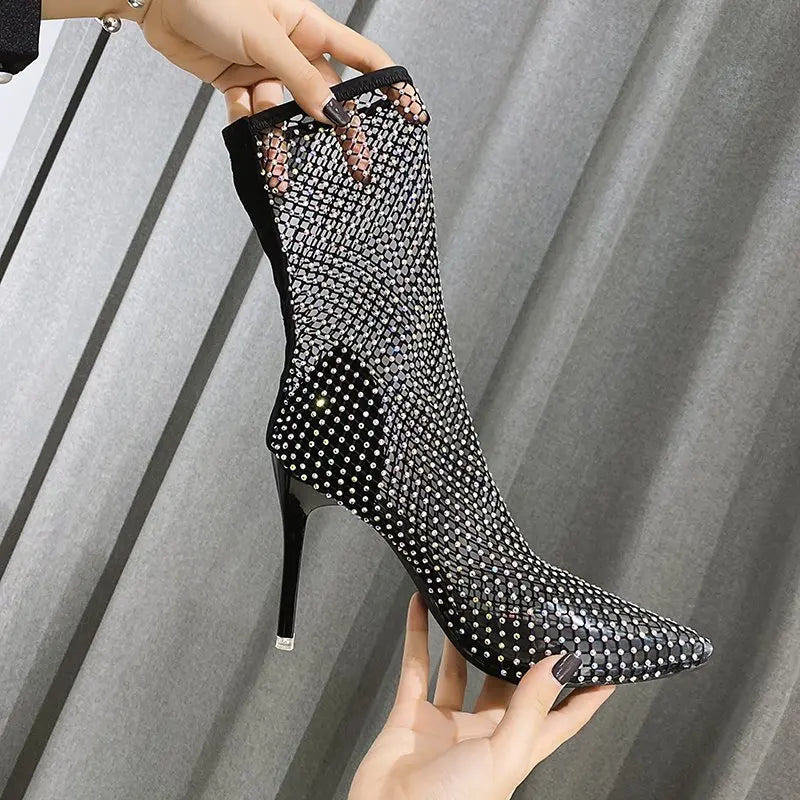 Pointed Toe Crystal Transparent Boots with Heels - Divawearfashion