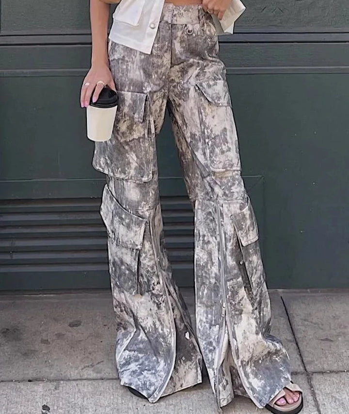 Grey Print With Pocket Cargo Pants - Divawearfashion