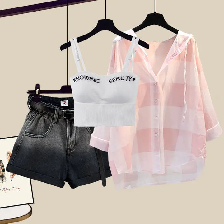 3 PCS Tie-dyed Shorts, Sunscreen Plaid Shirt and Pink Crop Top Bra Top