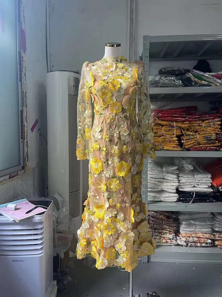 Mesh 3D Flower Embroidery Evening Dress 