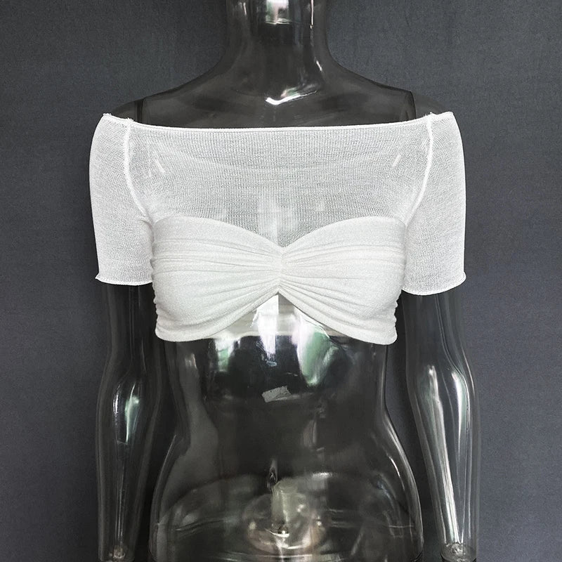 See Through Mesh Off-Shoulder Crop Top - Divawearfashion