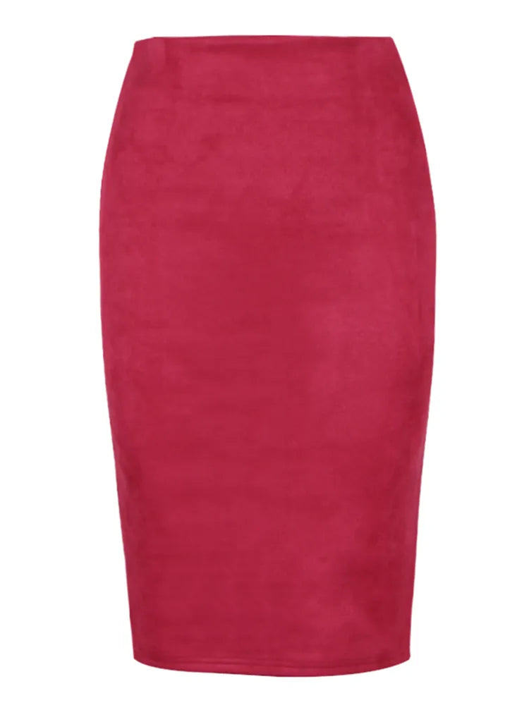 Suede Midi Pencil Skirt with Elastic High Waist - Divawearfashion