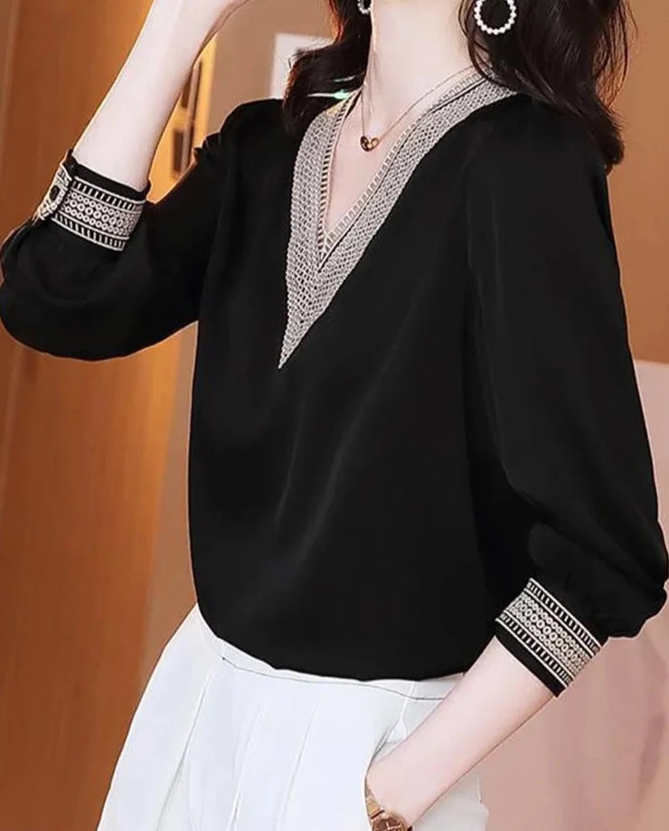 V-neck Embroidery Hollow Out Long Sleeve Blouse - Divawearfashion