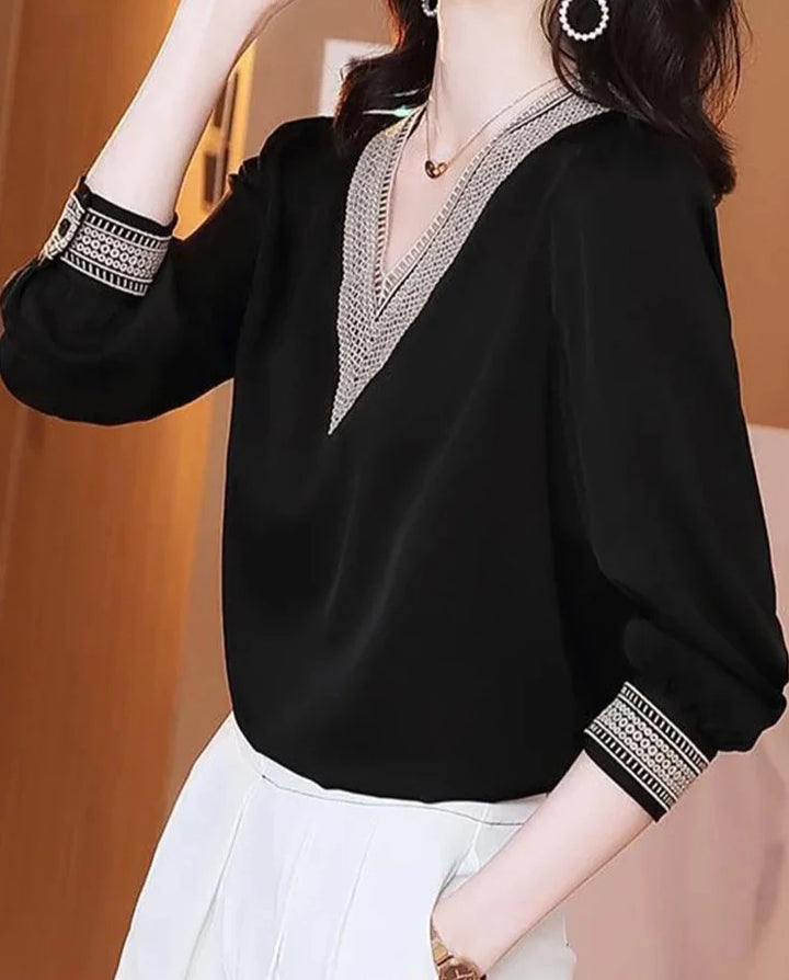 V-neck Embroidery Hollow Out Long Sleeve Blouse - Divawearfashion