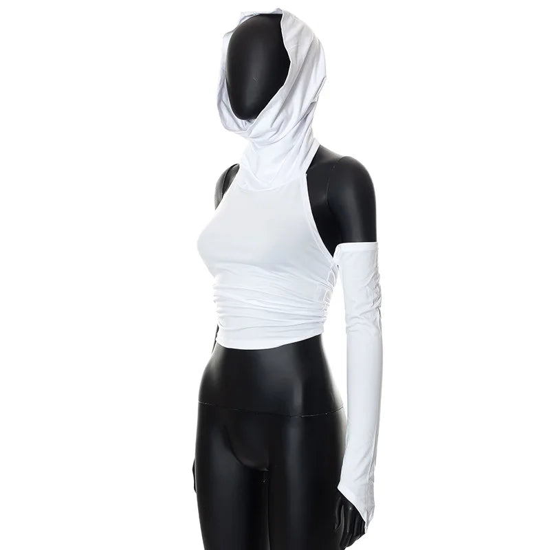 Hooded Pile Collar Backless Crop Top T-Shirt - Divawearfashion