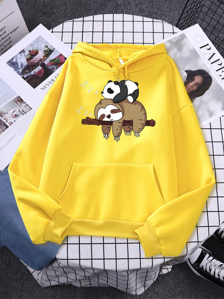 Panda Lying On A Sloth Prints Women Sweatshirt Autumn Fleece Warm Hooded Casual Fashion Hoodies All-Match Unisex Sportswear - Divawearfashion