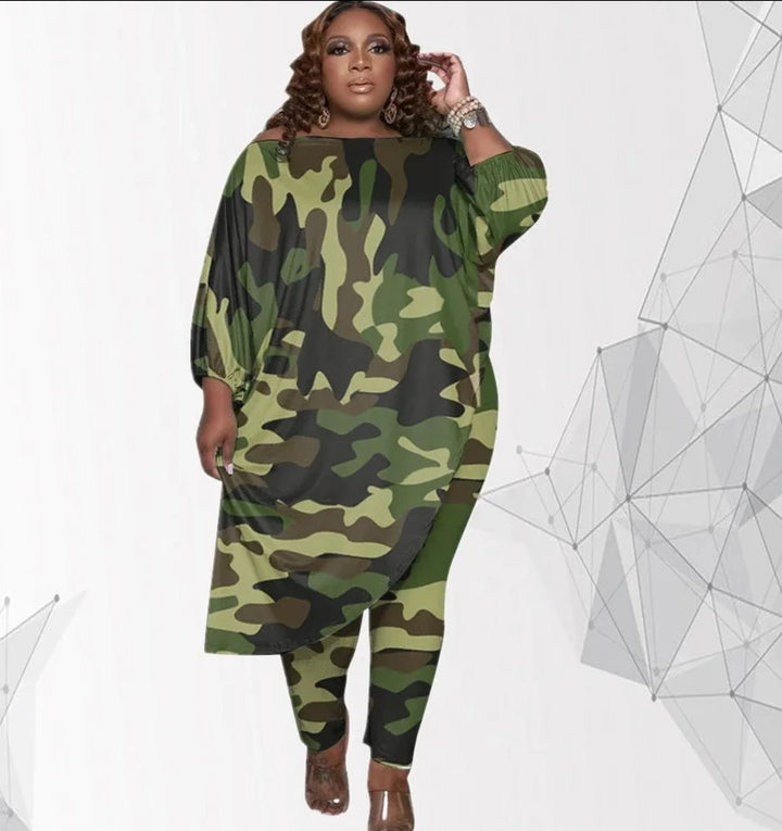 Plus Size Long Loose Camouflage Shirt & Pant Set - Divawearfashion