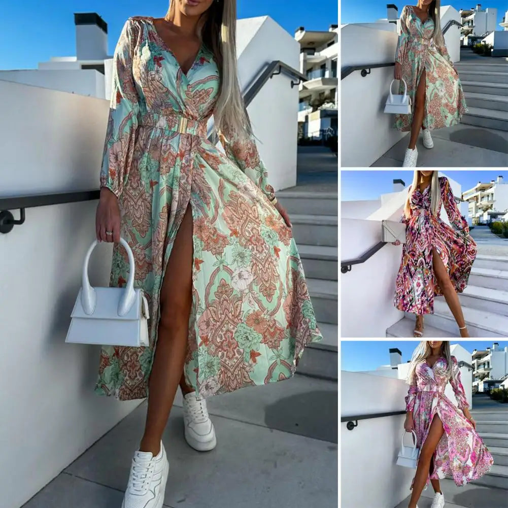 Summer Long Sleeve Floral Slit Midi Dress - Divawearfashion