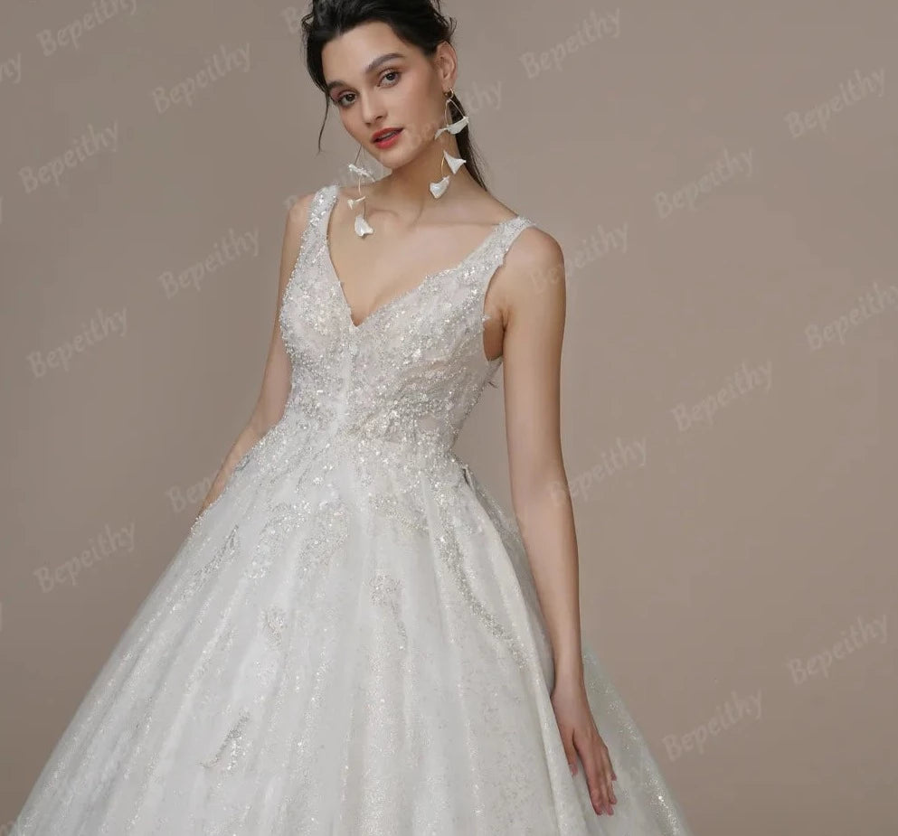 V Neck Sleeveless Wedding Dress with Court Train Beading - Divawearfashion