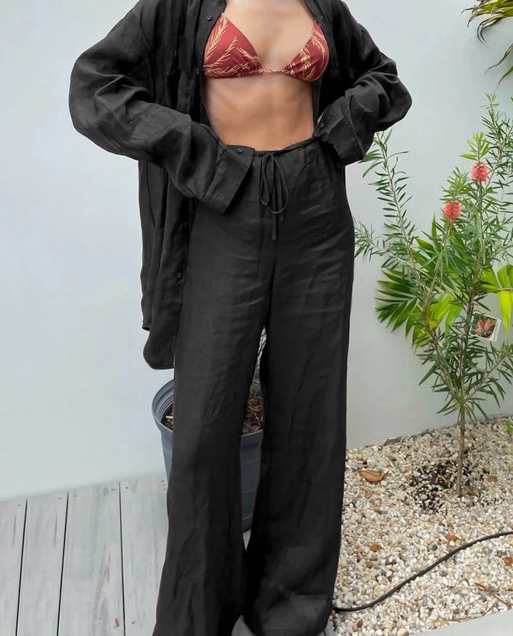 2 PC Linen Wide Leg Pants & Long Sleeve Loose Blouse Set - Divawearfashion