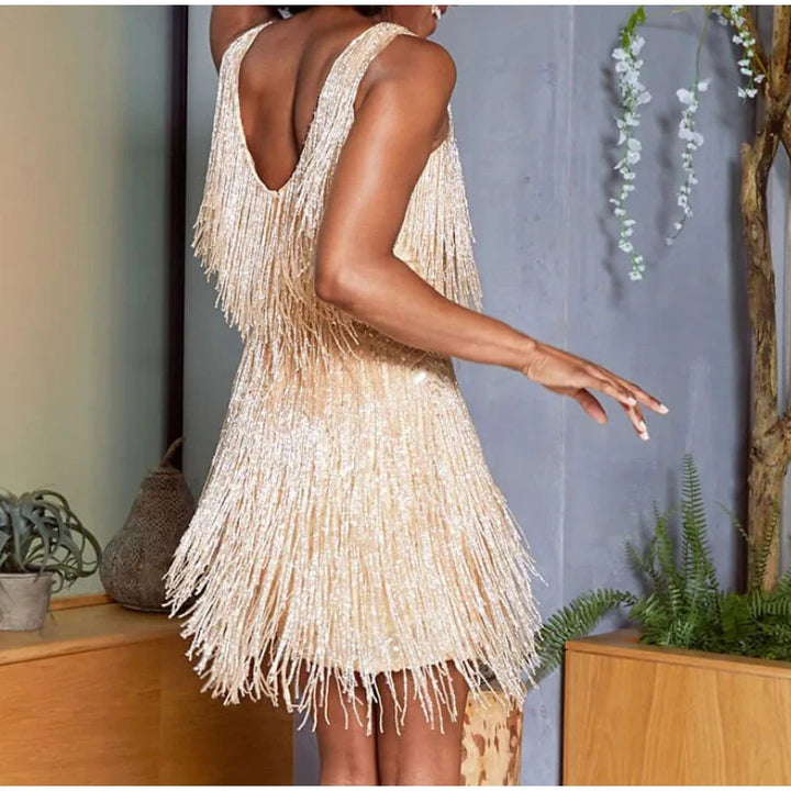 Spaghetti Strap Sequins Feather Mini Dress - Divawearfashion