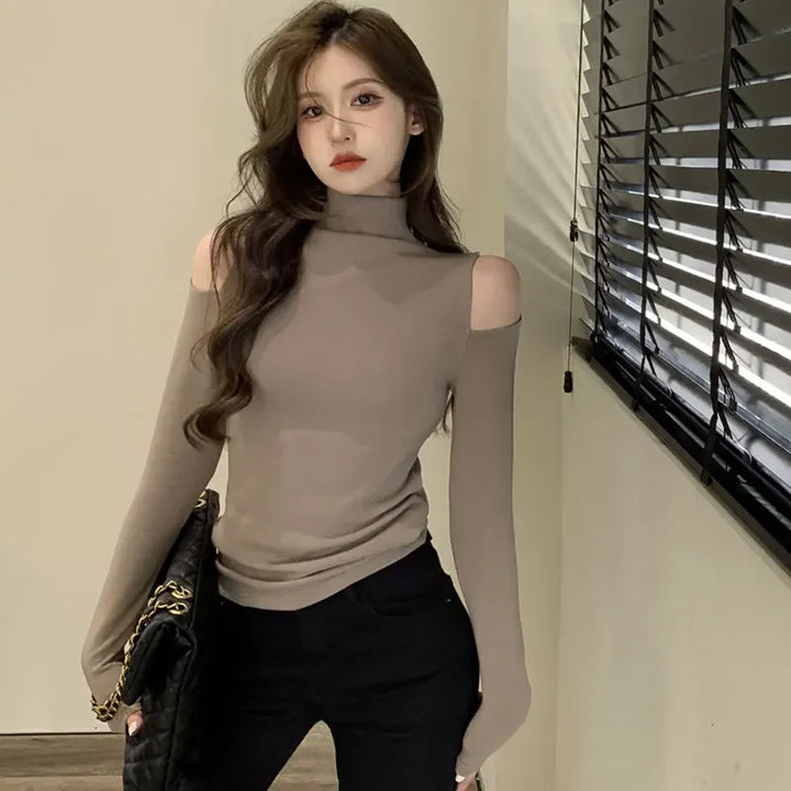 Turtleneck Off Shoulder Hollow-Out Long Sleeve T-Shirt - Divawearfashion