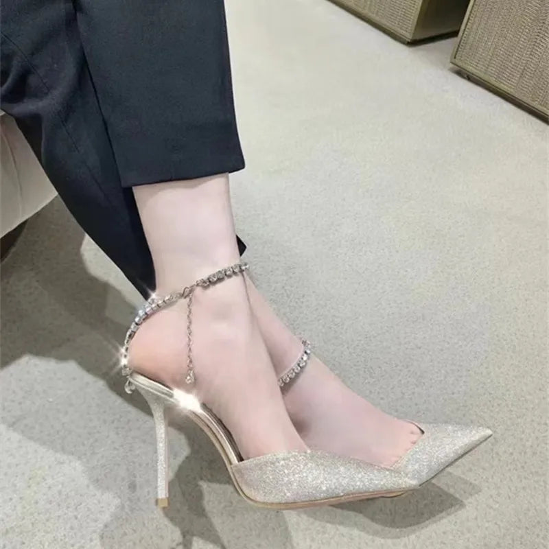 Rhinestones Chains Ankle Strap High Heels Pumps - Divawearfashion