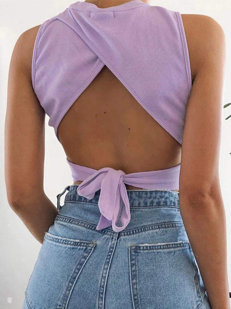 Lace Up Backless Solid Knitted Crop Top T-Shirt