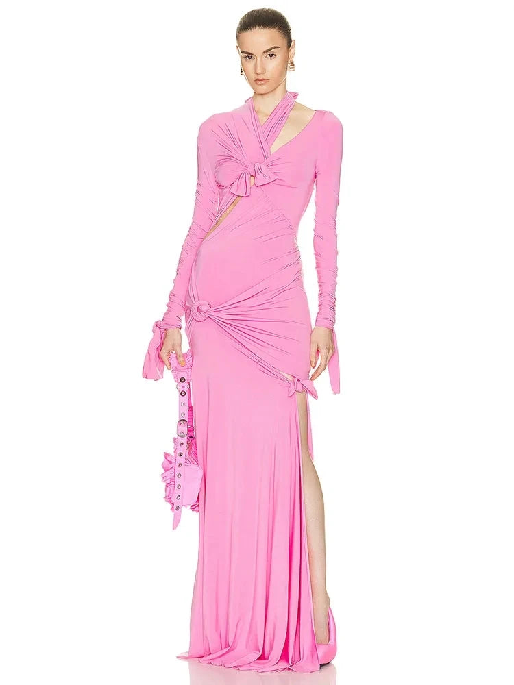 Bow Cutout Long Sleeve Side Slit Pink Maxi Dress