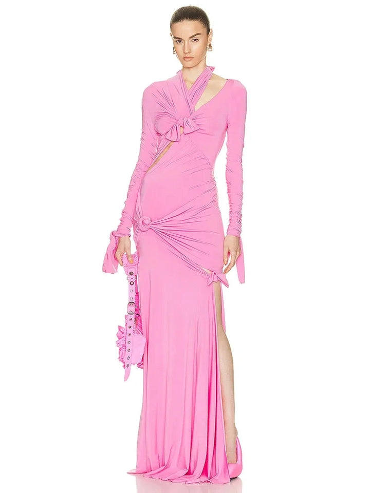 Bow Cutout Long Sleeve Side Slit Pink Maxi Dress