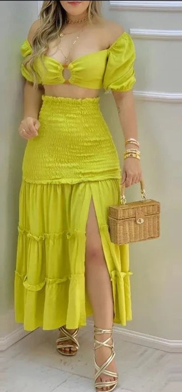 O-Ring Crop Top & Frill Hem Shirred Slit Maxi Skirt Set - Divawearfashion
