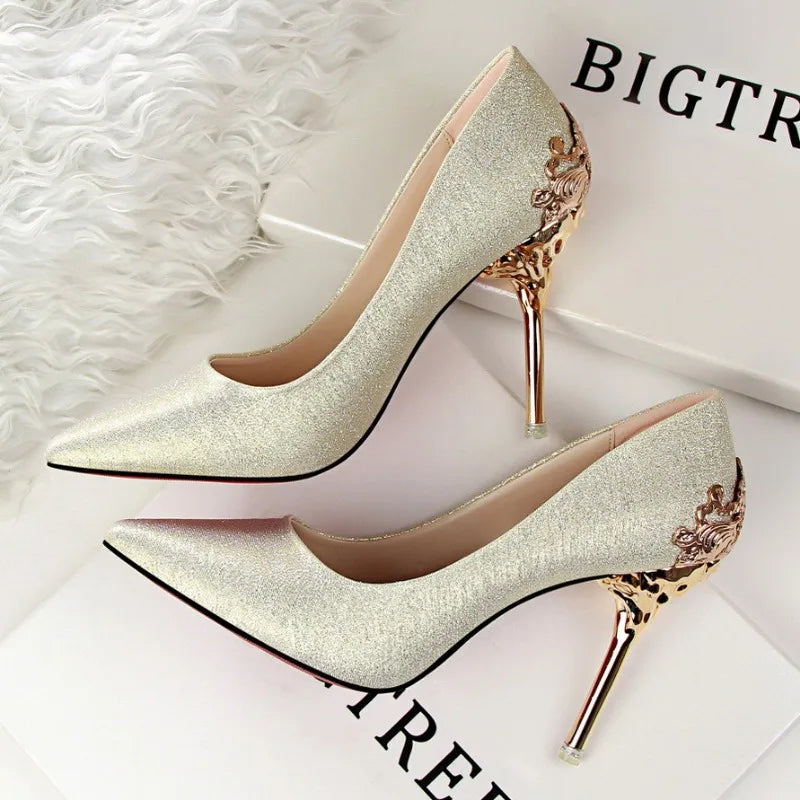 Pointed Toe Thin High Heels Flock Frosted Metal Pumps - Divawearfashion
