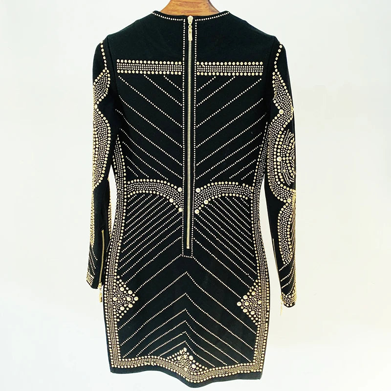 Long Sleeve Metallic Beaded Stretchy Dress - Divawearfashion