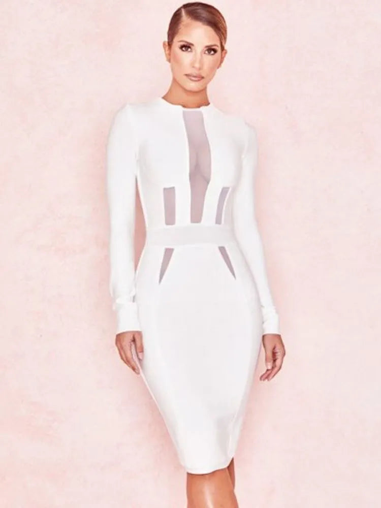 White Mesh Bodycon Hollow Out Dress - Divawearfashion