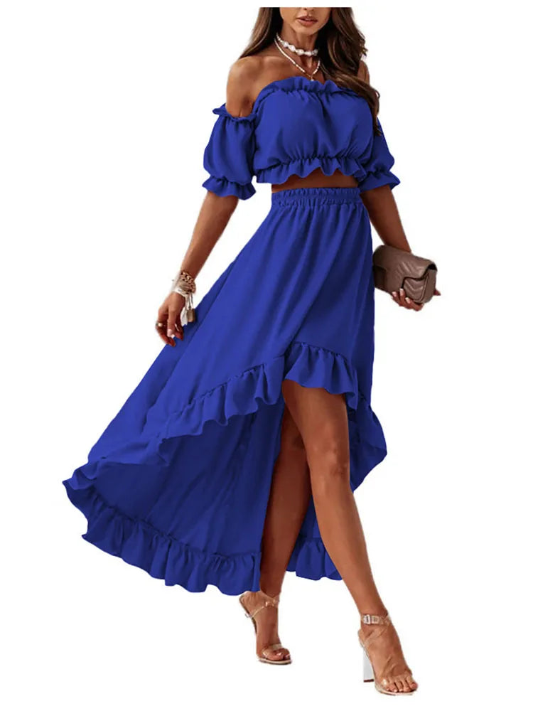 2 PC Ruffle Backless Puff Sleeve Strapless Top & Skirt - Divawearfashion