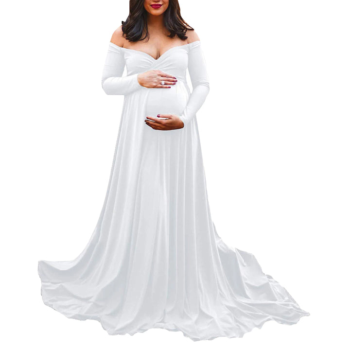 Maternity Off Shoulder Long Sleeve Long Dresses - Divawearfashion