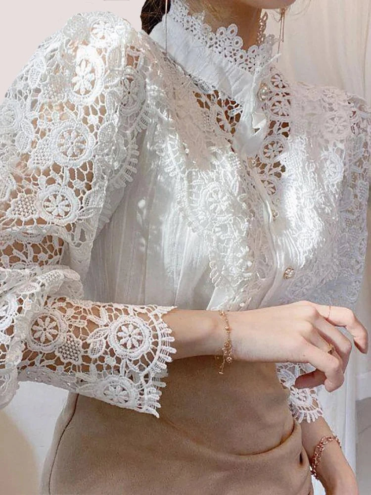 Chiffon Button Up Turtleneck Lace Shirt - Divawearfashion