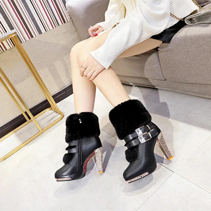 Winter Shoes Women High Heels Boots Fashion Ladies Party Shoes Warm Fur Shoes Woman Super High Heel 10cm Black White A2813 - Divawearfashion