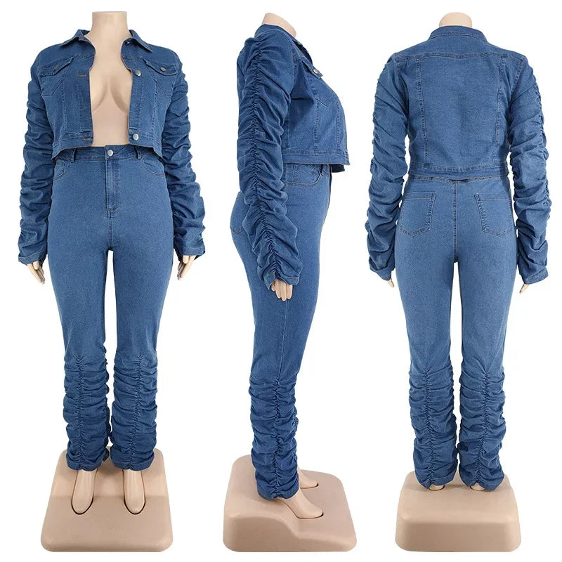 2 PC Puff Long Sleeve Jacket & Stretch Jeans Suit - Divawearfashion