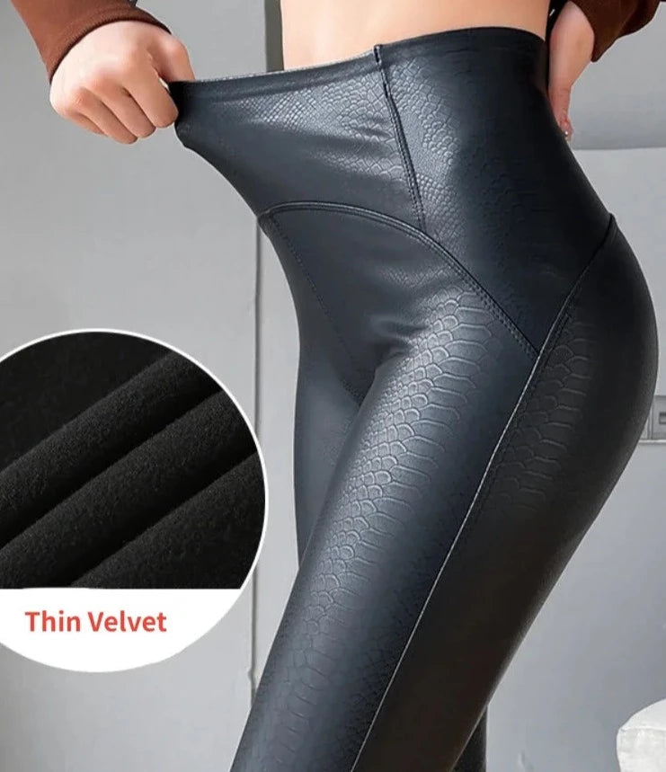 Pu Leather High Waist Stretch Fleece Leggings - Divawearfashion