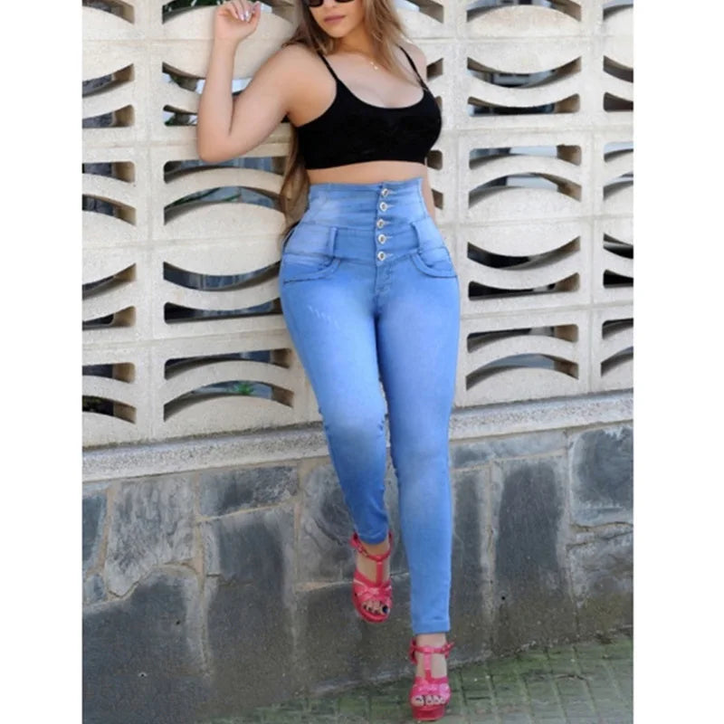 High Waist Slim Elastic Stretch Jeans. Available in Plus Size