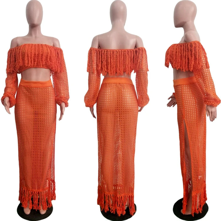 Tassel Off Shoulder Hollow Out Maxi Summer Beach Dress - Divawearfashion