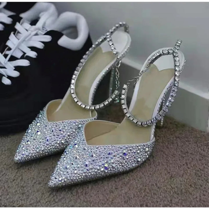 Rhinestones Chains Ankle Strap High Heels Pumps - Divawearfashion