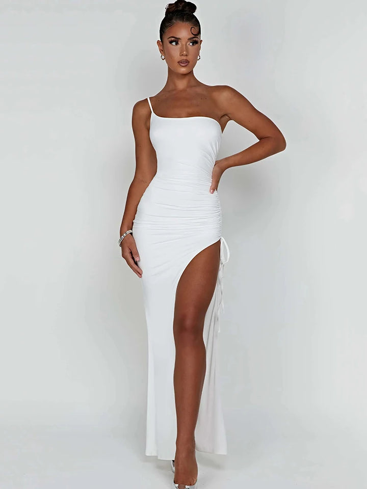 Drawstring High Slit One Shoulder Bodycon Dress - Divawearfashion