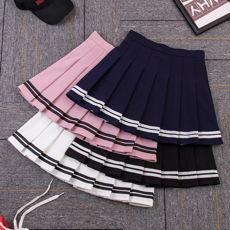 High Waist Striped Pleated Elastic Waist Mini Skirt - Divawearfashion