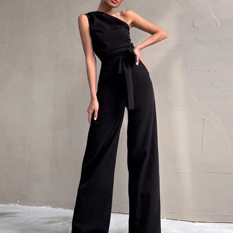 Solid Metal Round Ring Hollow Diagonal Collar Back Zipper Jumpsuits - Divawearfashion