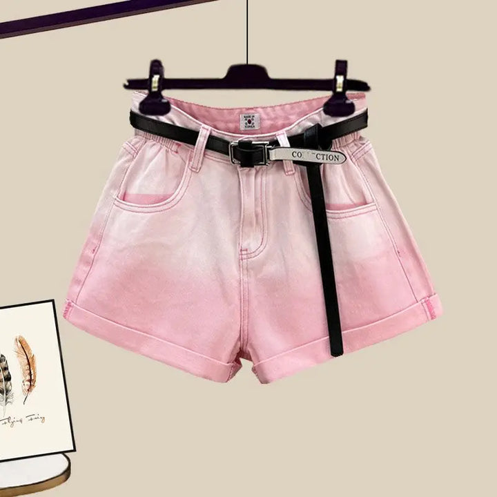 3 PCS Tie-dyed Shorts, Sunscreen Plaid Shirt and Pink Crop Top Bra Top