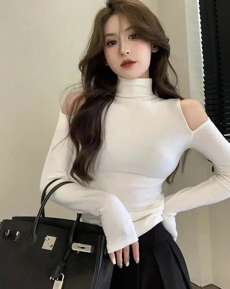 Turtleneck Off Shoulder Hollow-Out Long Sleeve T-Shirt - Divawearfashion