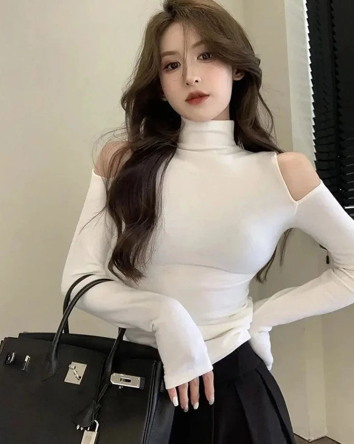 Turtleneck Off Shoulder Hollow-Out Long Sleeve T-Shirt - Divawearfashion