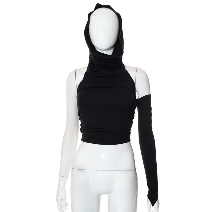 Hooded Pile Collar Backless Crop Top T-Shirt