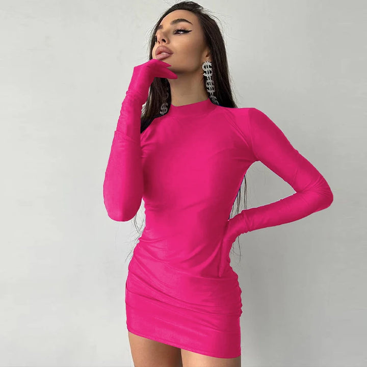 Long Sleeve With Gloves Mini Bodycon Dress with Turtle Neck - Divawearfashion