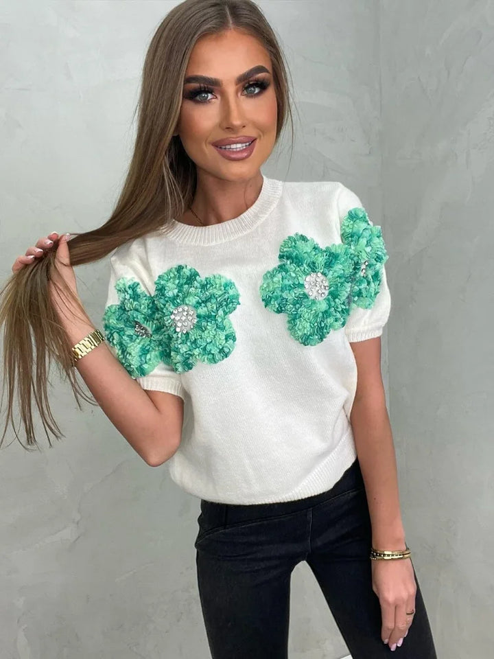 3D Flower Knitted Short Sleeve Sweater - Divawearfashion