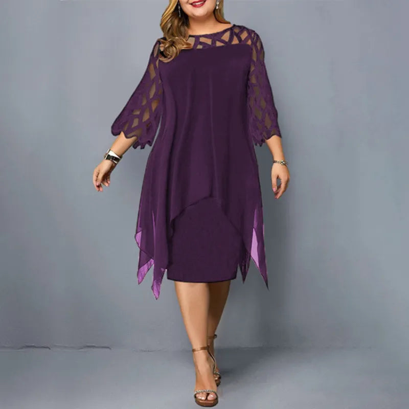 Plus Size Lace Mesh Hollow Out Loose Dress - Divawearfashion